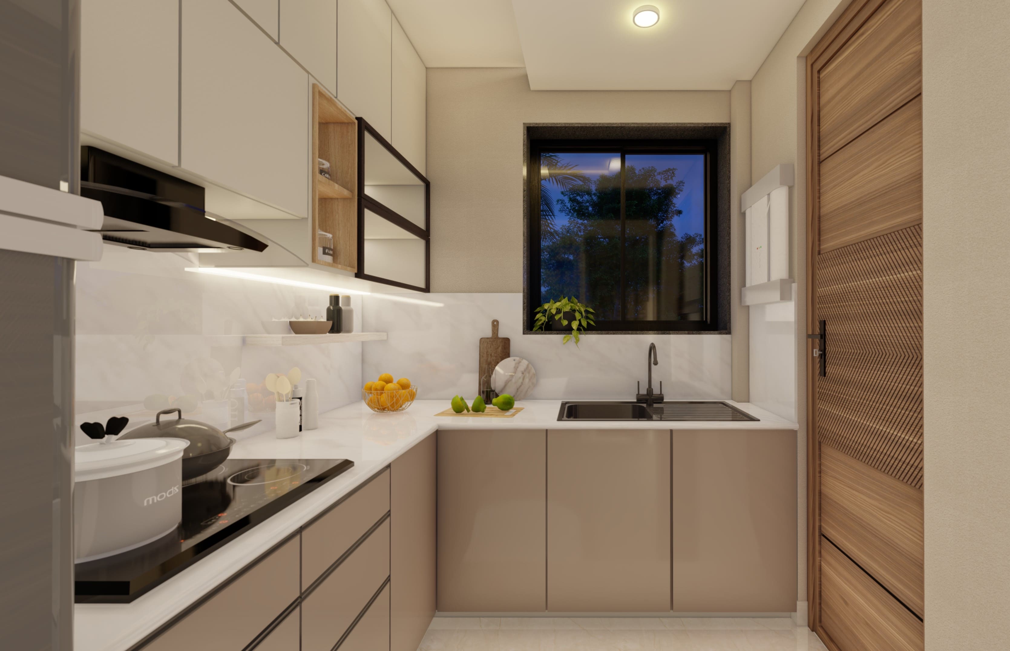 Modern compact kitchen with refrigerator